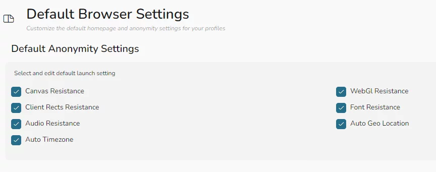 A screenshot of Chameleon Mode's default browser settings.