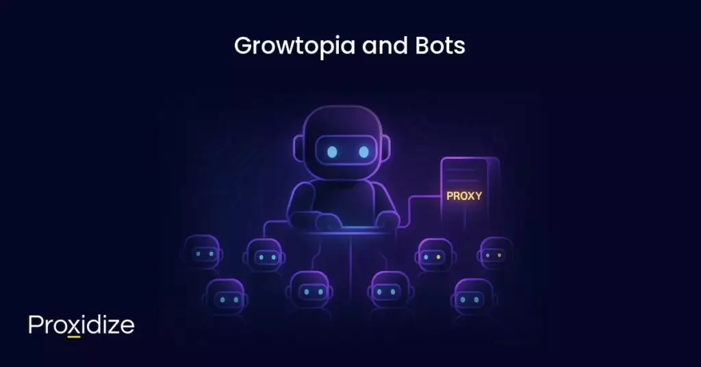 Image of a Growtopia figure connected to a proxt server with clones (bots) beneath it. Text above reads 