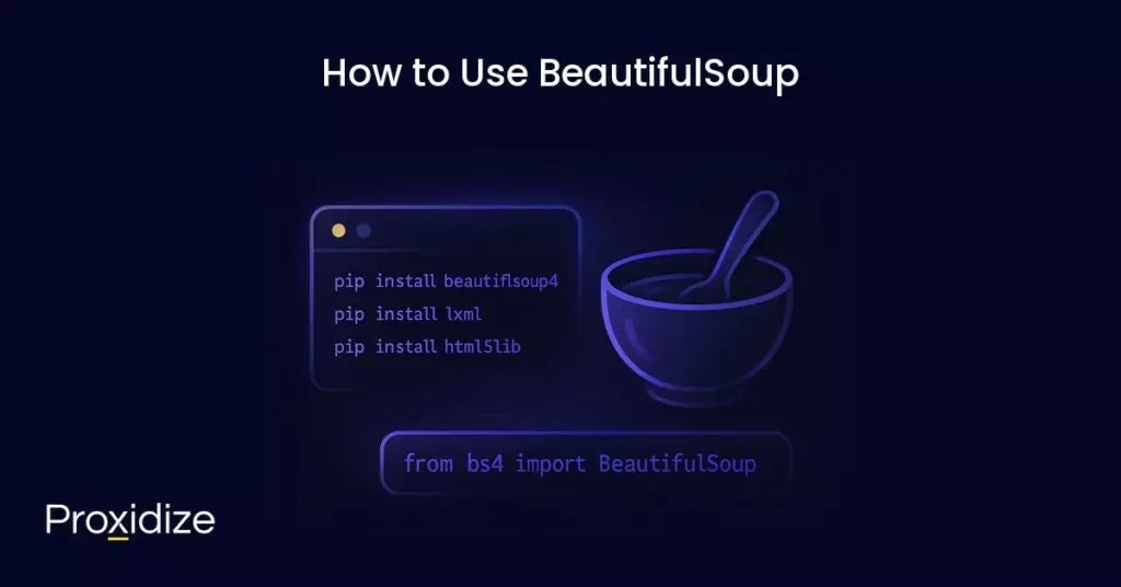 Image of a terminal showing how to install BeautifulSoup with a bowl of soup next to it. Text above reads 