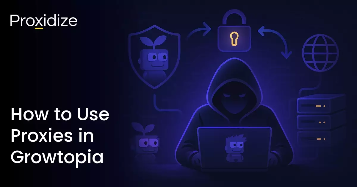 Image of a figure on a computer with a Growtopia character on it, surrounded by a server to their left and a shield, lock, and globe above them. Text to the left side reads 