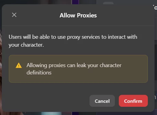 a screenshot of a popup on janitor ai about allowing proxies