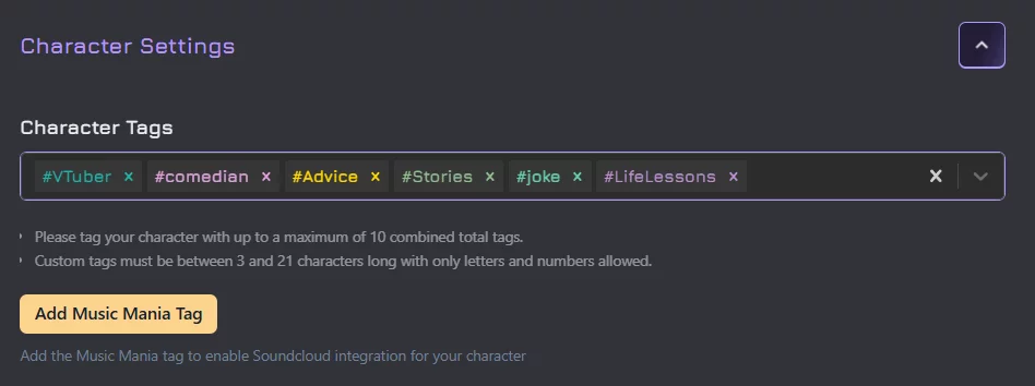 a screenshot of filled in character tags in the janitor ai character creation menu