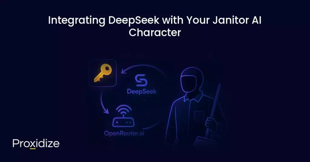 a drawing of a robot janitor and a diagram with deepseek and openrouter.ai under the title 