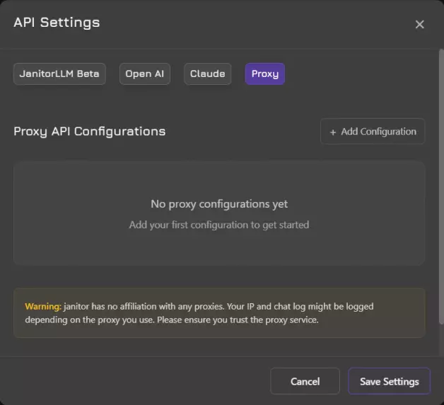a screenshot of the proxy tab in api settings on janitor ai with no proxy configured
