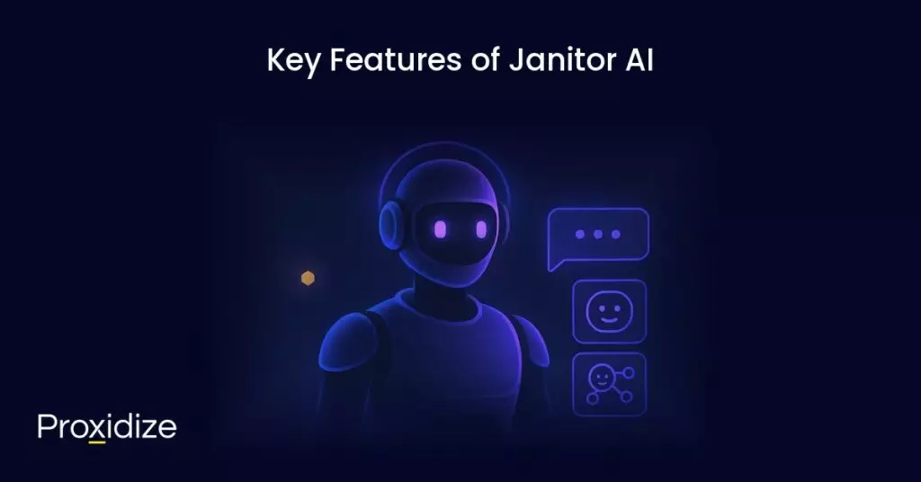 A drawing of a robot next to icons of janitor ai features under the title 