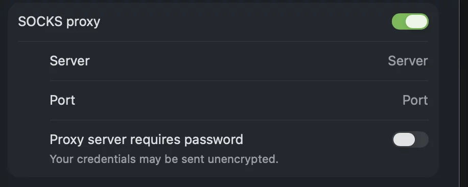 Image of the MacOS SOCKS proxy setup