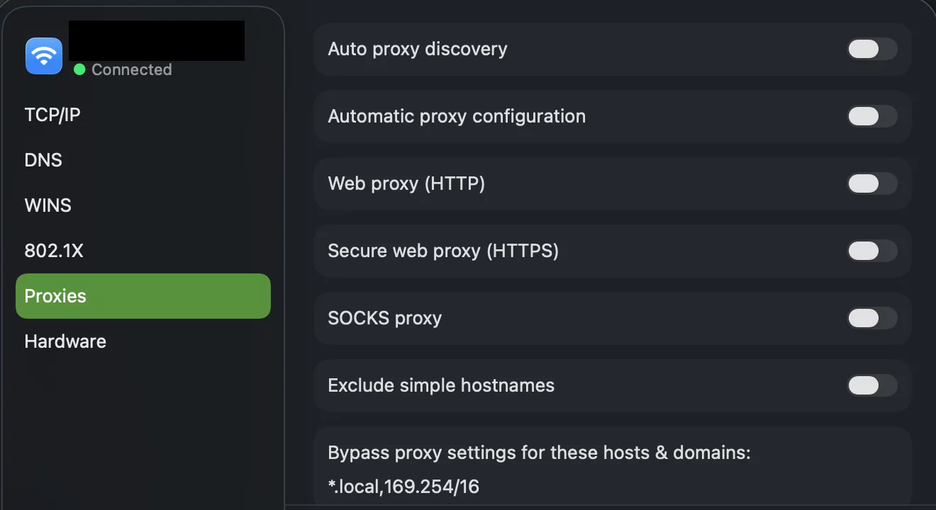 Image of the MacOS Proxy Setup Tab