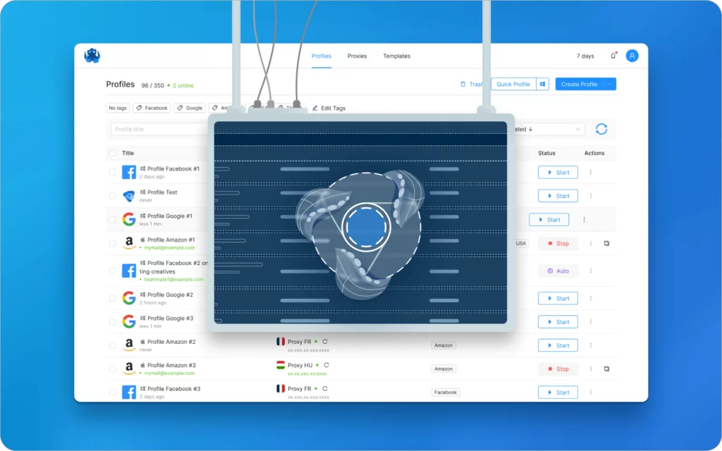 A screenshot from Octo Browser with a logo of Chromium with tentacles overlayed.