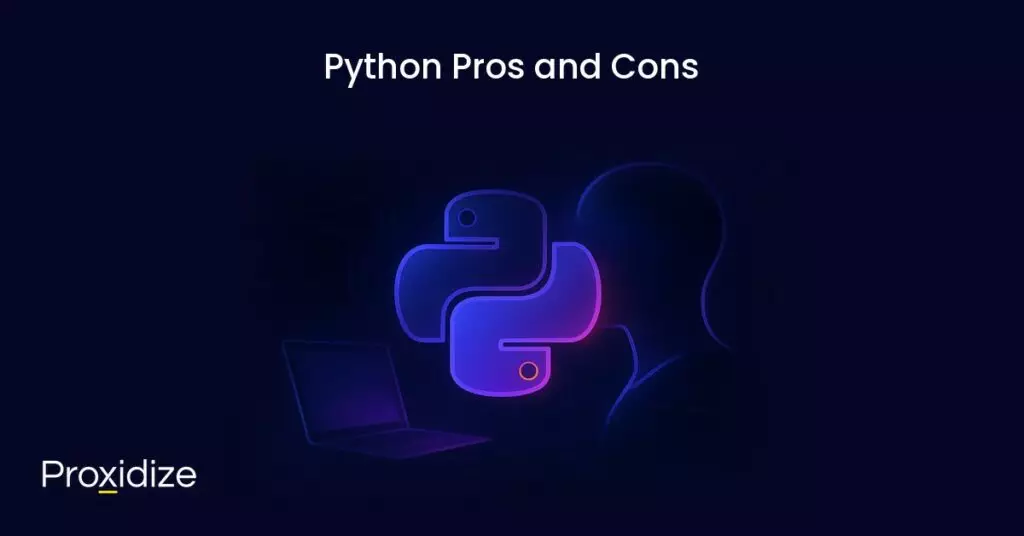 The Python logo in front of a person typing at a computer under the title 