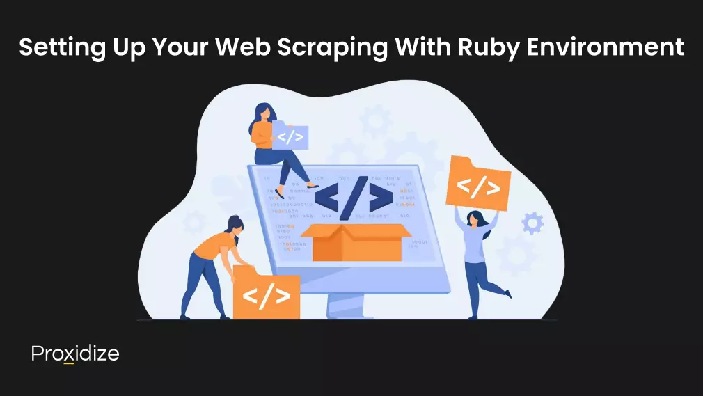 Image of a large computer screen with three people surrounding it all holding folders with code written on it, and text on top that reads