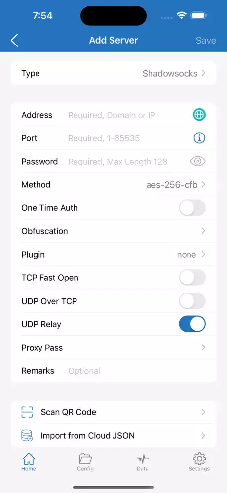 A screenshot of the Shadowrocket app's Add Server menu.