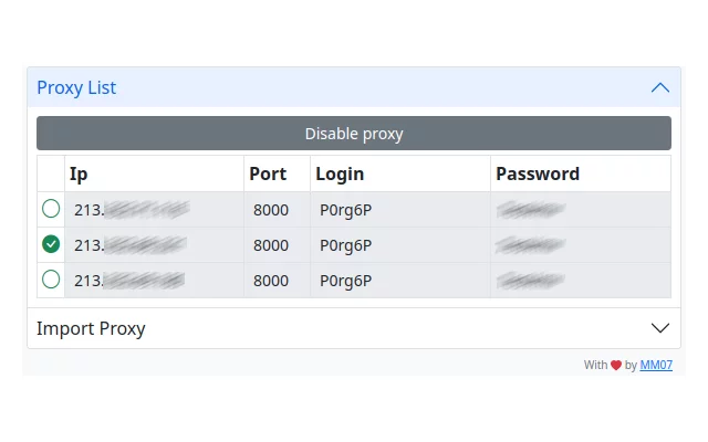 A screenshot of the Simple Proxy Switcher Chrome extension.