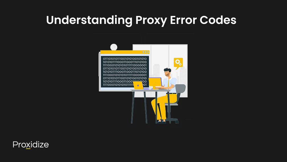 Image of a man sitting on his desk as a large window appears next to him showing binary. Text above the image reads