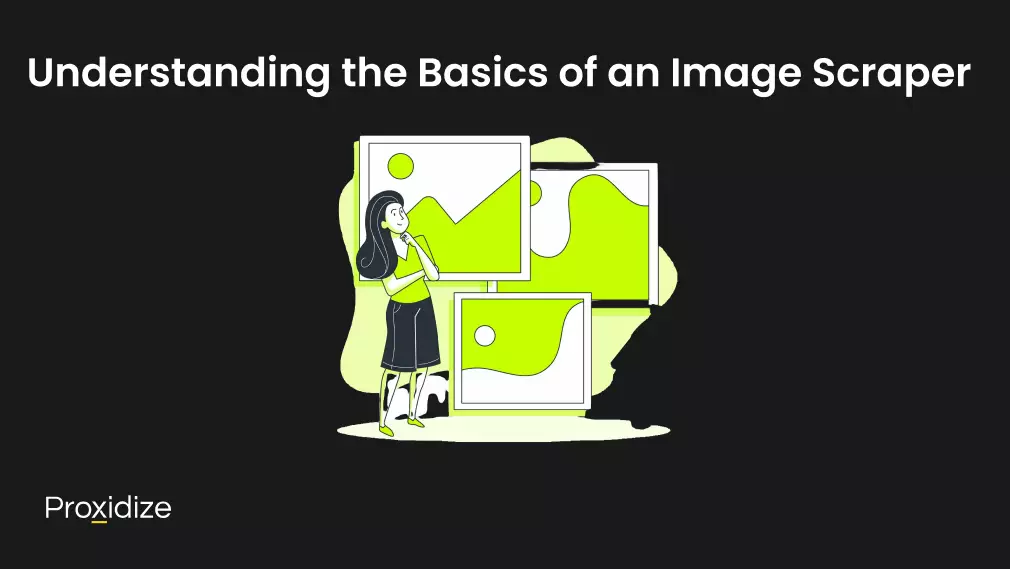 Image of a woman standing in front of three large pictures. Text above the image reads