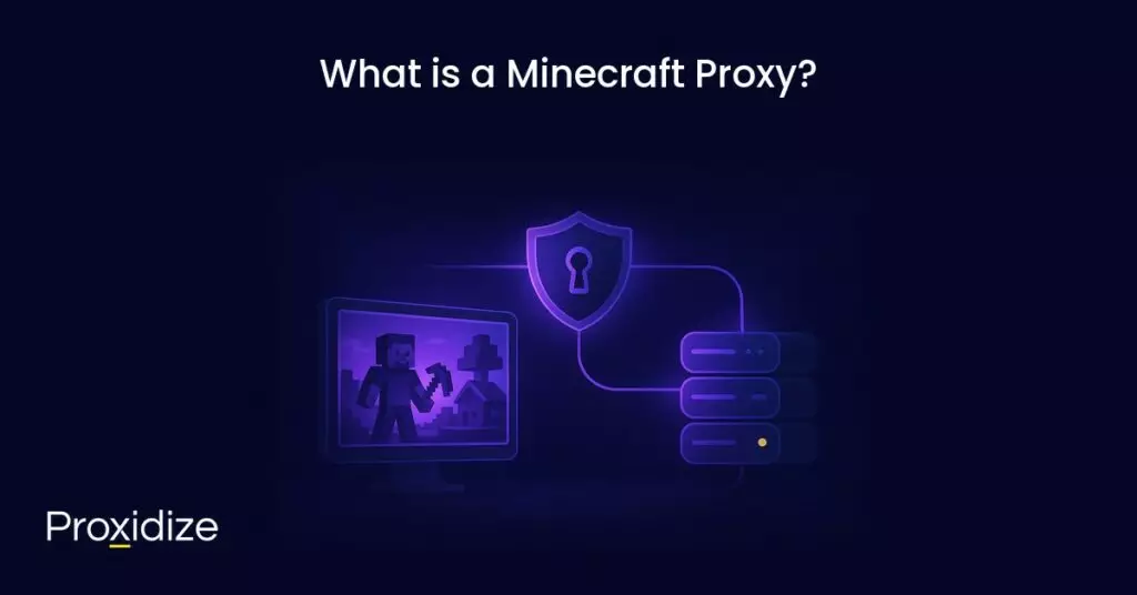 Image of a computer screen showing Minecraft with a shield above it connected to server. Text above reads 