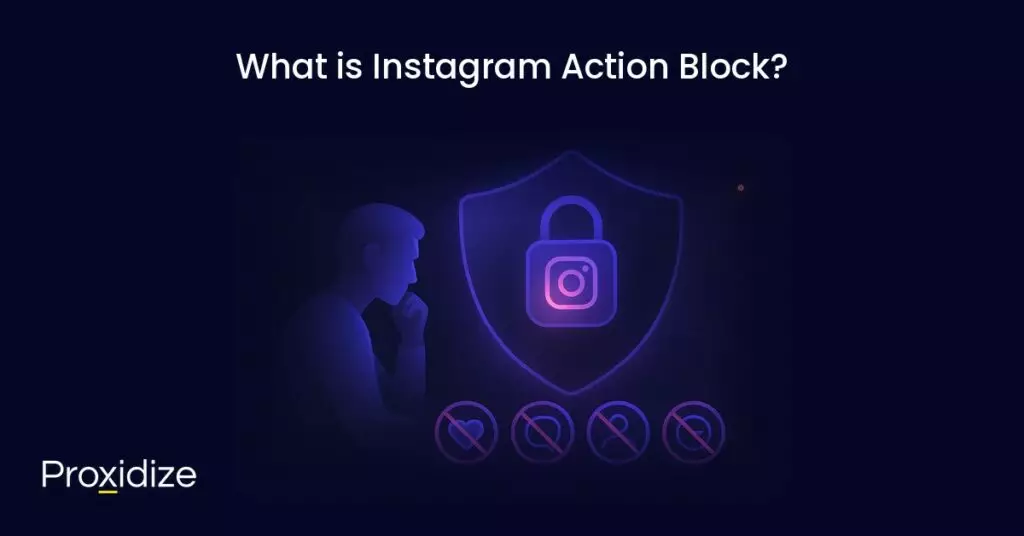 Image of someone staring at a shield with a lock in the center and Instagram's logo. At the bottom are all the actions you can do on Instagram with a cross on them. Text above reads 