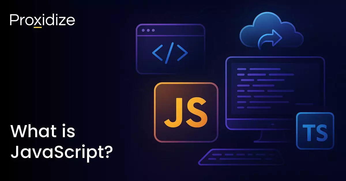 The JavaScript logo and different screens next to the title 