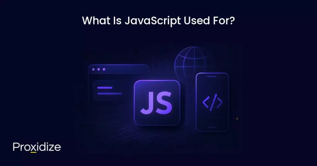 Screens and code next to the JavaScript logo under the title 