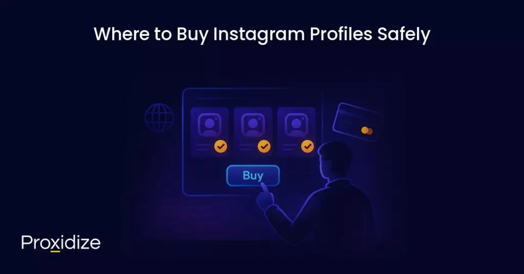 Image of a person clicking a buy button on three Instagram profiles. Text above reads 