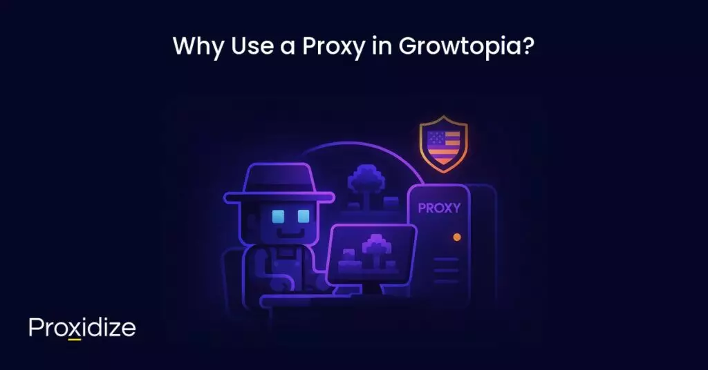 Image of a Growtopia farmer on a computer connected to a proxy server. Text above reads 