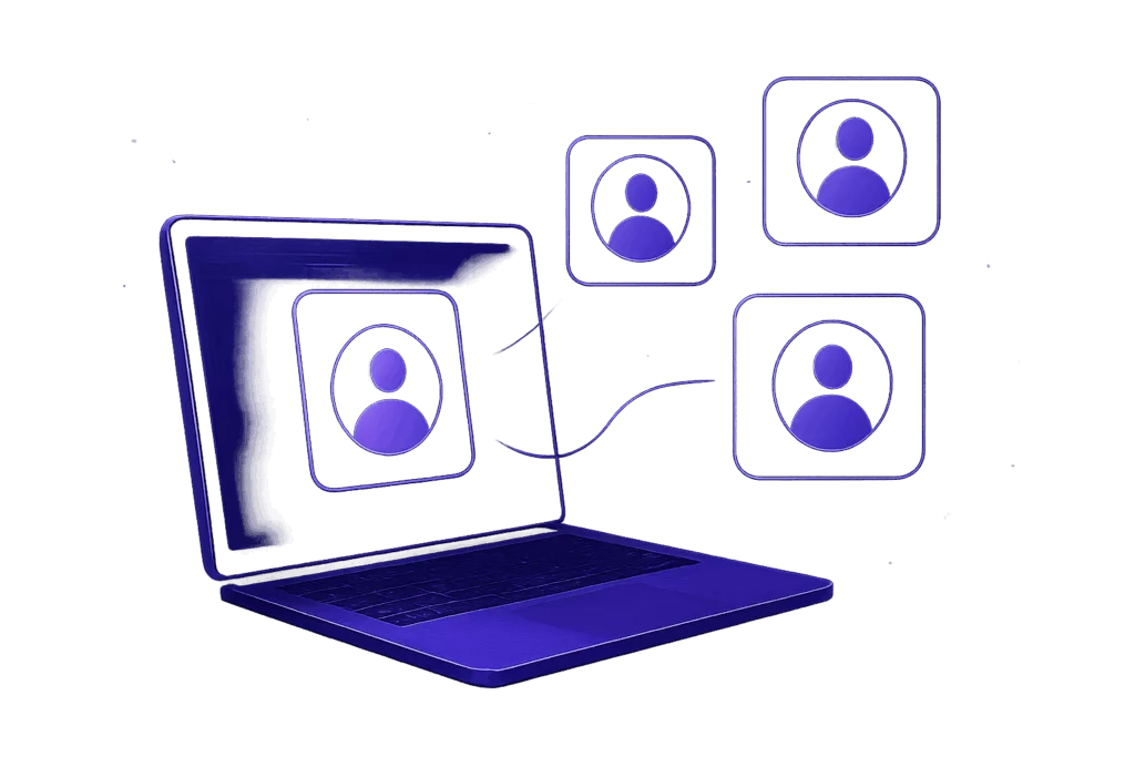 a laptop with users coming out of it